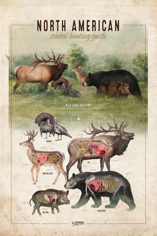 Ethical Hunting Guide Poster 12x18 - North American Animals - Anatomy Illustration